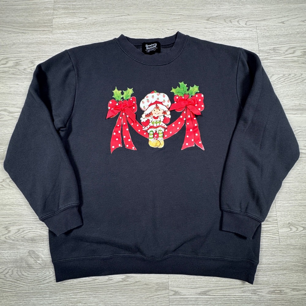 Strawberry Shortcake Womens Sweatshirt Holiday Graphic Black Medium 3D Bows 2024